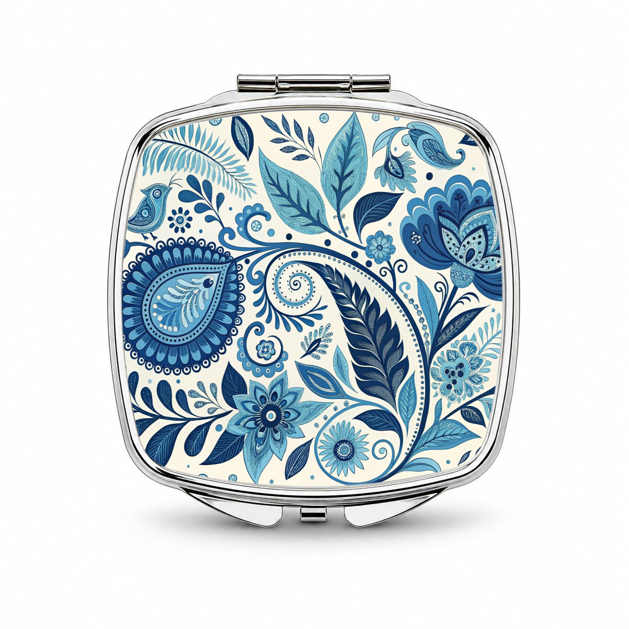 Blue Traditional Folk Art Floral Pattern Small Travel Purse Handbag Pocket Makeup Compact Mirror