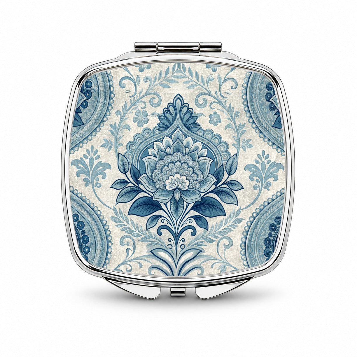 Blue Victorian Decorative Floral Pattern Small Travel Purse Handbag Pocket Makeup Compact Mirror