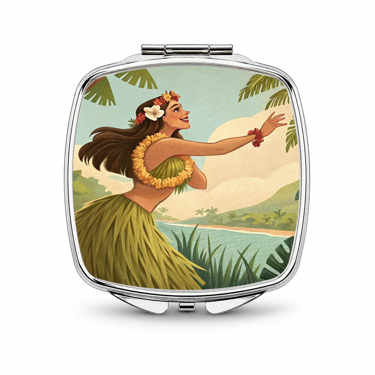 Dancing Hawaiian Hula Girl in Grass Skirt Small Travel Purse Handbag Pocket Makeup Compact Mirror