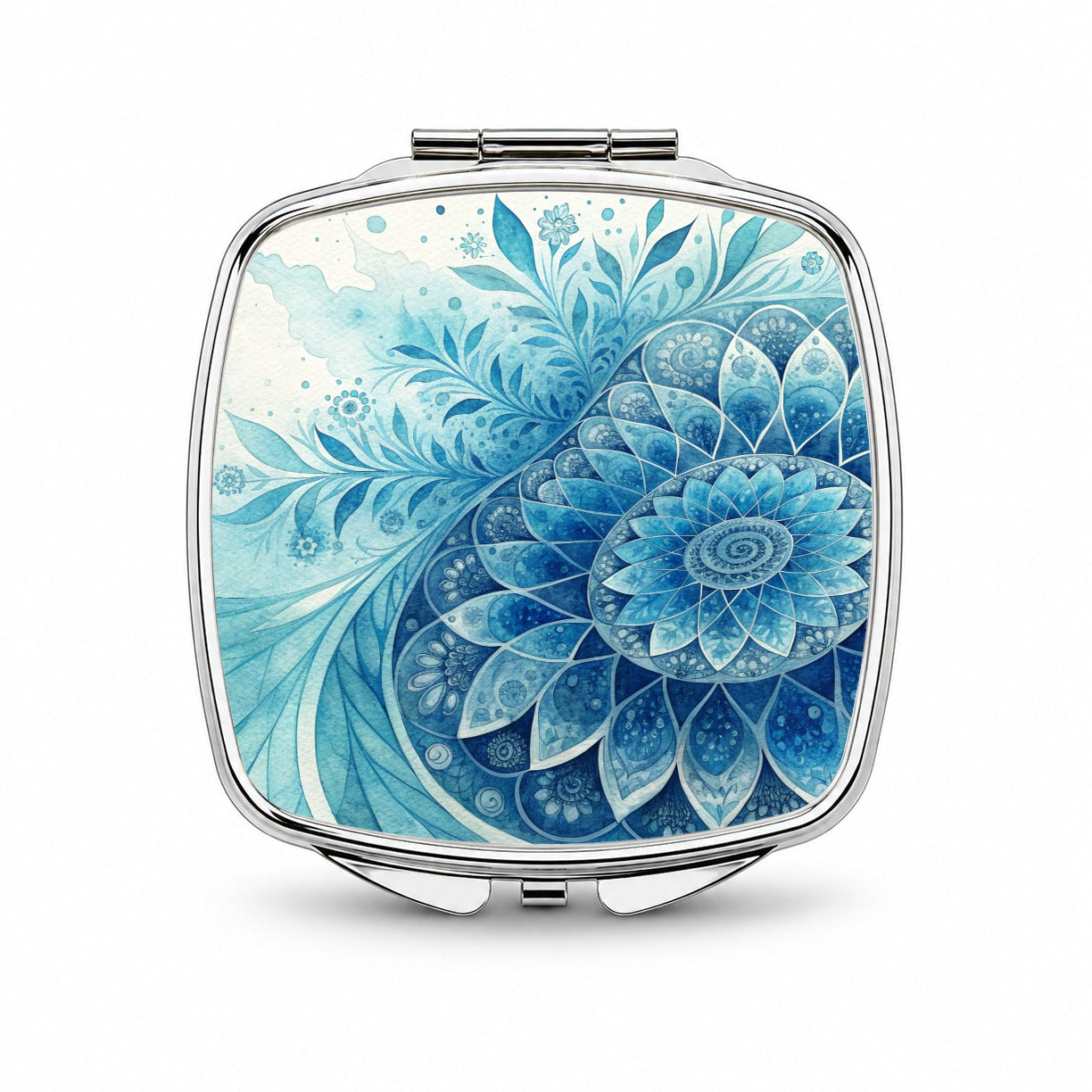 Fractal Art Blue Flower Pattern Watercolor Style Small Travel Purse Handbag Pocket Makeup Compact Mirror
