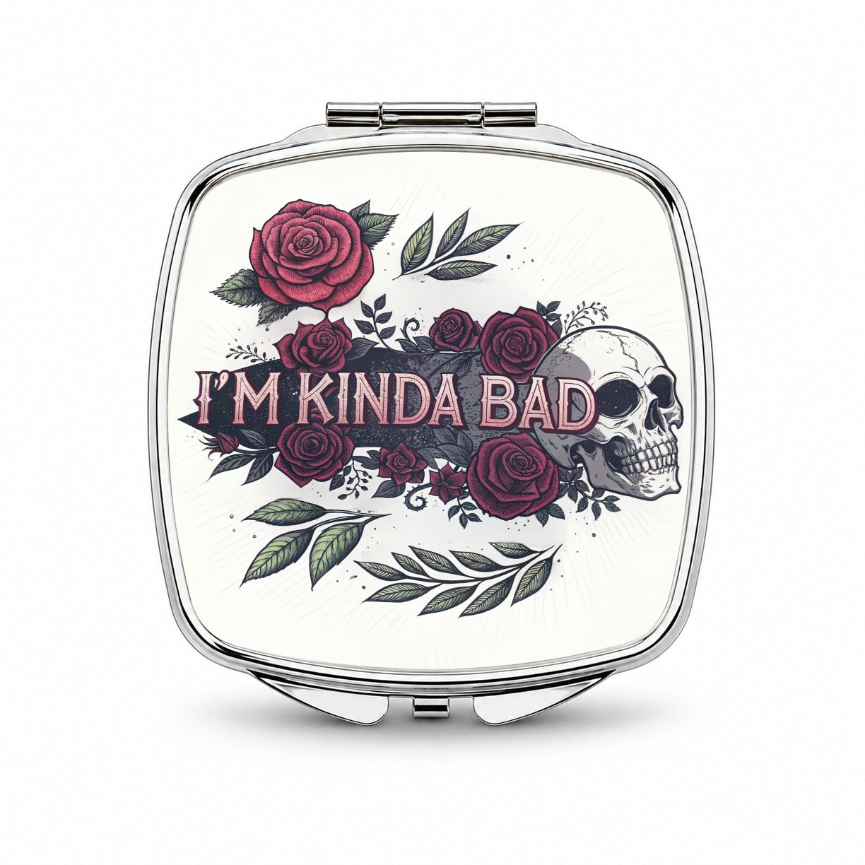 I'm Kinda Bad Funny Skull Roses Small Travel Purse Handbag Pocket Makeup Compact Mirror