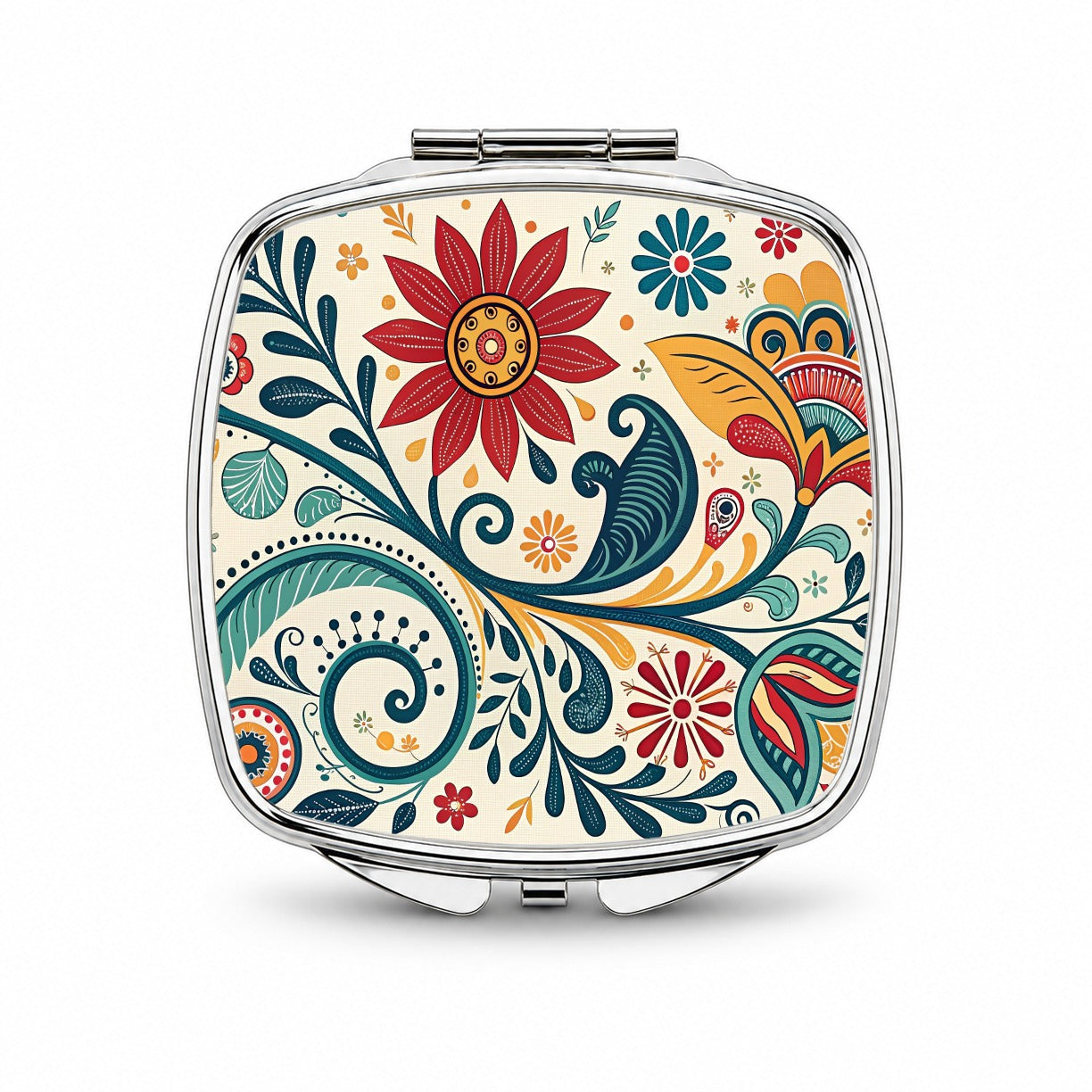 Traditional Folk Art Floral Pattern Small Travel Purse Handbag Pocket Makeup Compact Mirror