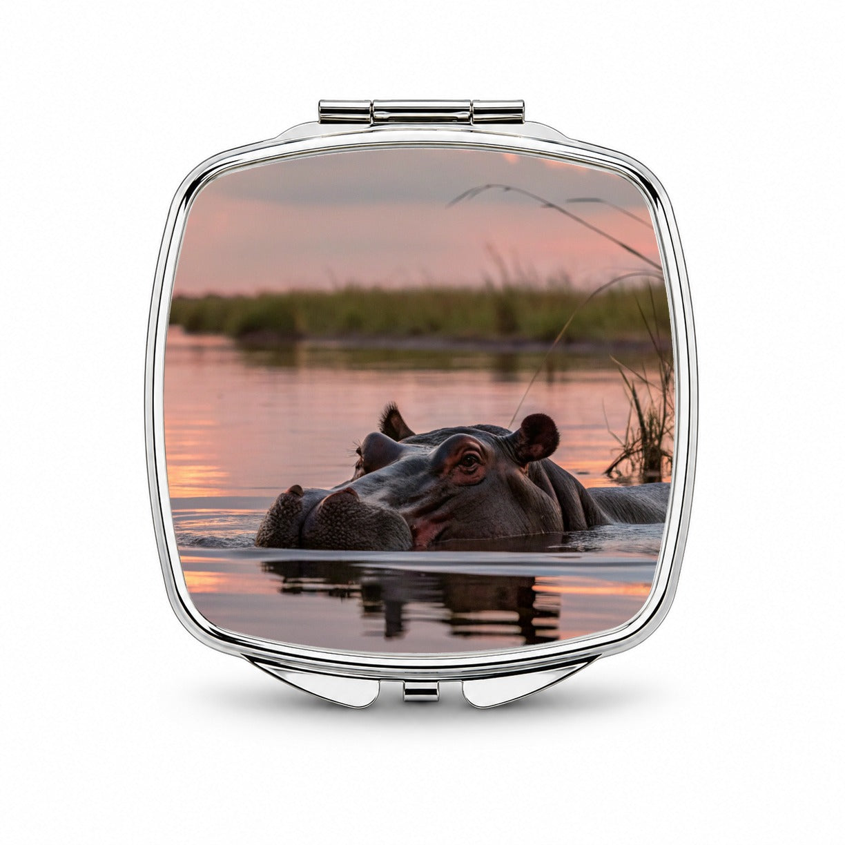 African Hippopotamus Sunset Safari Small Travel Purse Handbag Pocket Makeup Compact Mirror