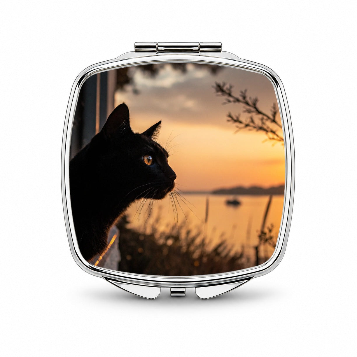 Black Cat Sunset Window Small Travel Purse Handbag Pocket Makeup Compact Mirror