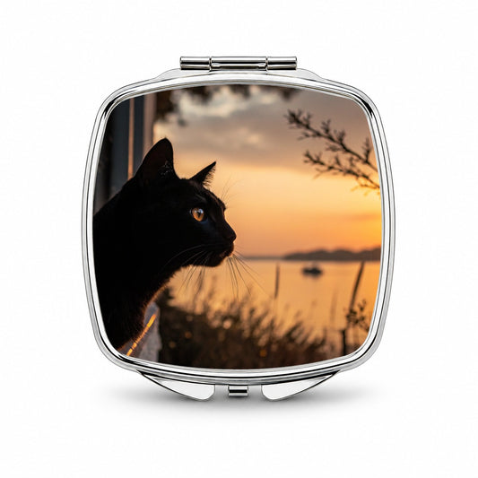 Black Cat Sunset Window Small Travel Purse Handbag Pocket Makeup Compact Mirror