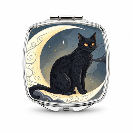 Black Cat Tarot Moon Small Travel Purse Handbag Pocket Makeup Compact Mirror
