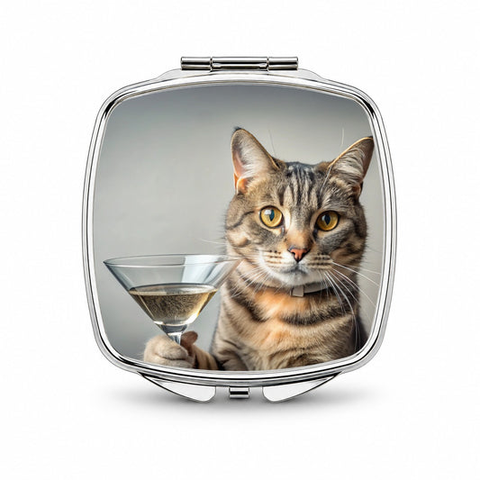 Cat Martini Glass Funny Small Travel Purse Handbag Pocket Makeup Compact Mirror