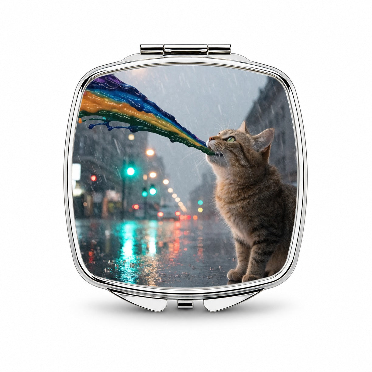 Cat Puking Rainbow Funny Small Travel Purse Handbag Pocket Makeup Compact Mirror