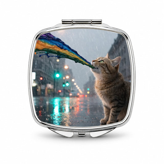 Cat Puking Rainbow Funny Small Travel Purse Handbag Pocket Makeup Compact Mirror