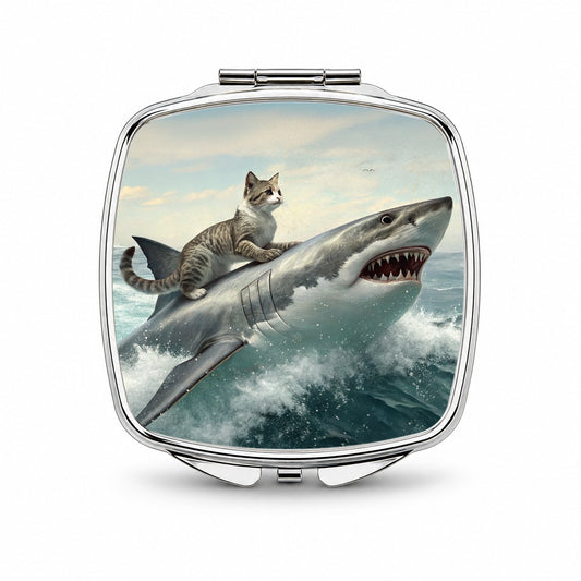 Cat Riding Shark Funny Small Travel Purse Handbag Pocket Makeup Compact Mirror
