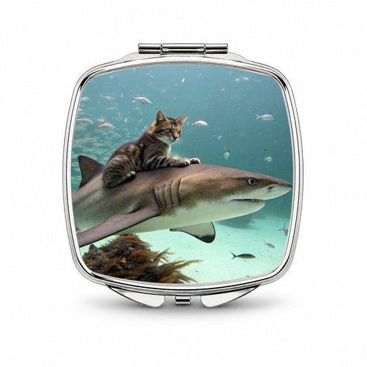 Cat Riding Shark Under Water Small Travel Purse Handbag Pocket Makeup Compact Mirror