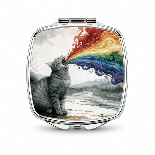 Cat Vomiting Rainbow Watercolor Small Travel Purse Handbag Pocket Makeup Compact Mirror