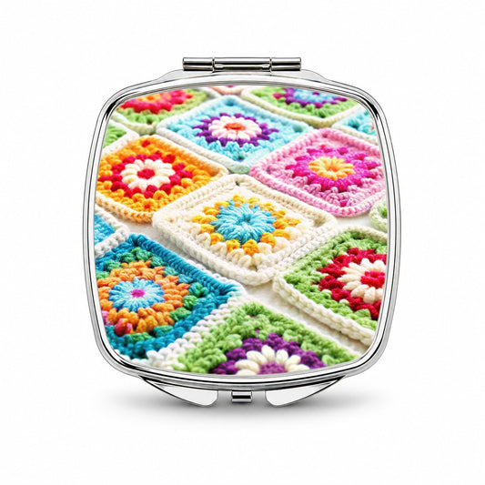 Colorful Crochet Granny Squares Small Travel Purse Handbag Pocket Makeup Compact Mirror