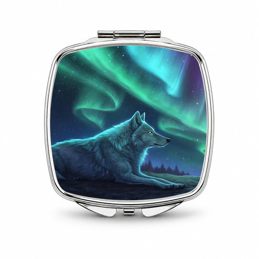 Cosmic Wolf Northern Lights Small Travel Purse Handbag Pocket Makeup Compact Mirror