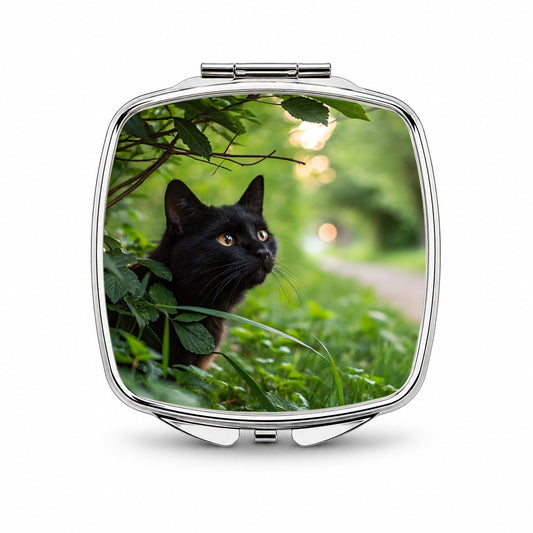 Curious Black Cat Nature Small Travel Purse Handbag Pocket Makeup Compact Mirror