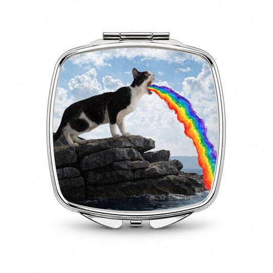 Funny Cat Rainbow Vomit Small Travel Purse Handbag Pocket Makeup Compact Mirror