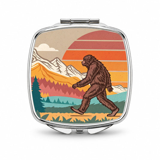 Funny Retro Sasquatch Bigfoot Walking Small Travel Purse Handbag Pocket Makeup Compact Mirror