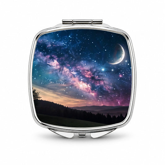 Galaxy Night Sky Crescent Moon Small Travel Purse Handbag Pocket Makeup Compact Mirror