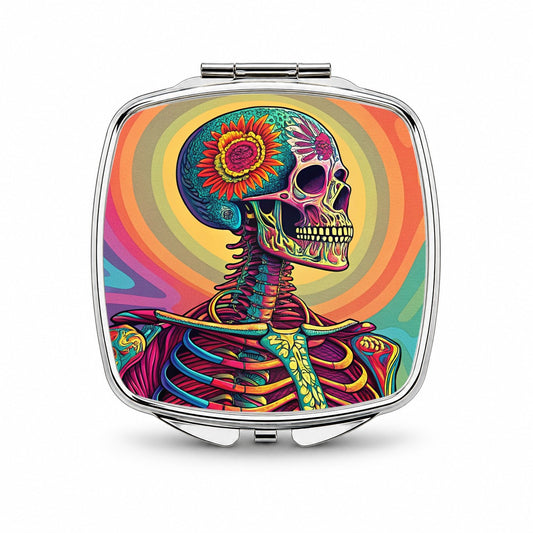 Halloween Psychedelic Skeleton Small Travel Purse Handbag Pocket Makeup Compact Mirror