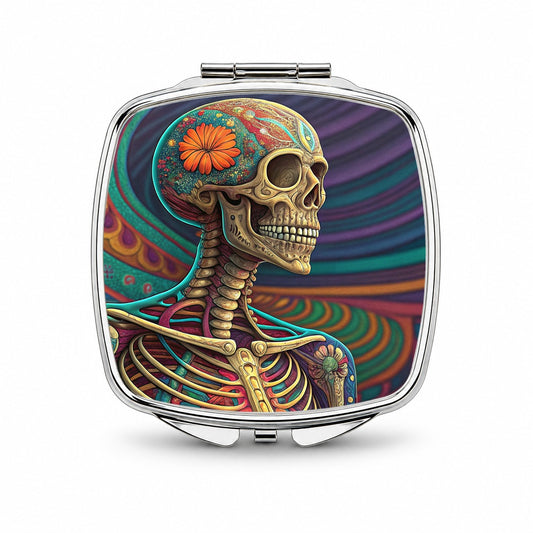 Halloween Rainbow Skeleton Psychedelic Small Travel Purse Handbag Pocket Makeup Compact Mirror