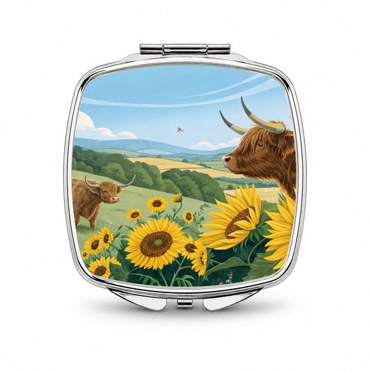 Highland Cows Sunflowers Field Small Travel Purse Handbag Pocket Makeup Compact Mirror