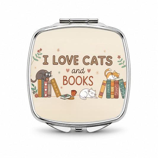 I Love Cats Books Sweet Small Travel Purse Handbag Pocket Makeup Compact Mirror