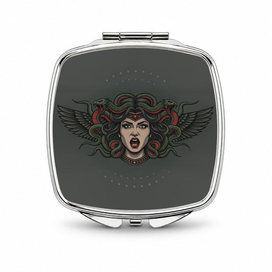 Medusa Gorgon Snake Tattoo Style Small Travel Purse Handbag Pocket Makeup Compact Mirror