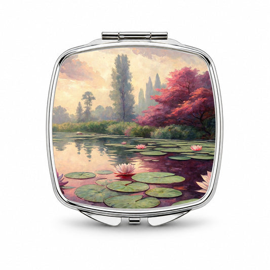 Monet Inspired Water Lilies Small Travel Purse Handbag Pocket Makeup Compact Mirror
