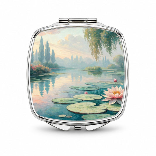 Monet Style Water Lilies Small Travel Purse Handbag Pocket Makeup Compact Mirror