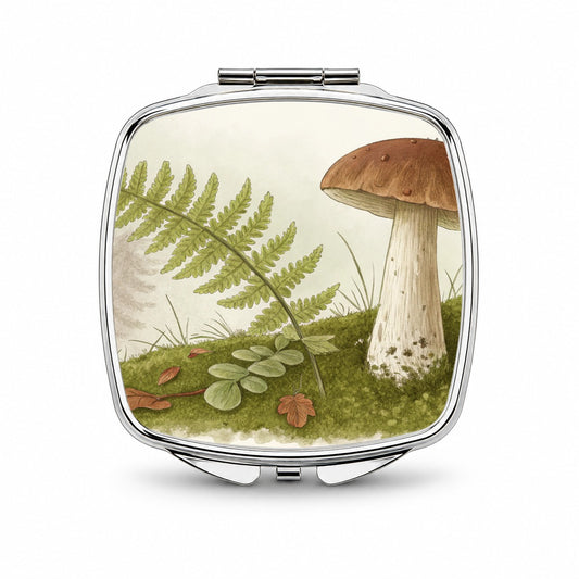 Mushroom Fern Nature Illustration Small Travel Purse Handbag Pocket Makeup Compact Mirror