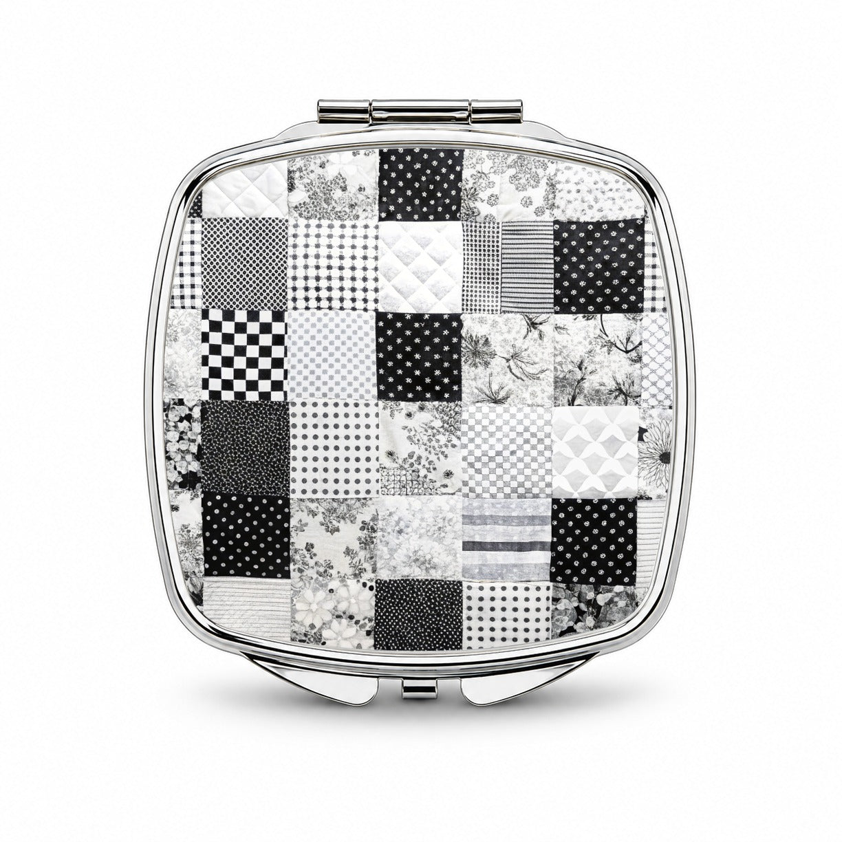 Patchwork Quilt Black White Small Travel Purse Handbag Pocket Makeup Compact Mirror