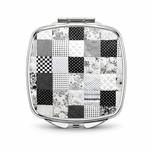 Patchwork Quilt Black White Small Travel Purse Handbag Pocket Makeup Compact Mirror