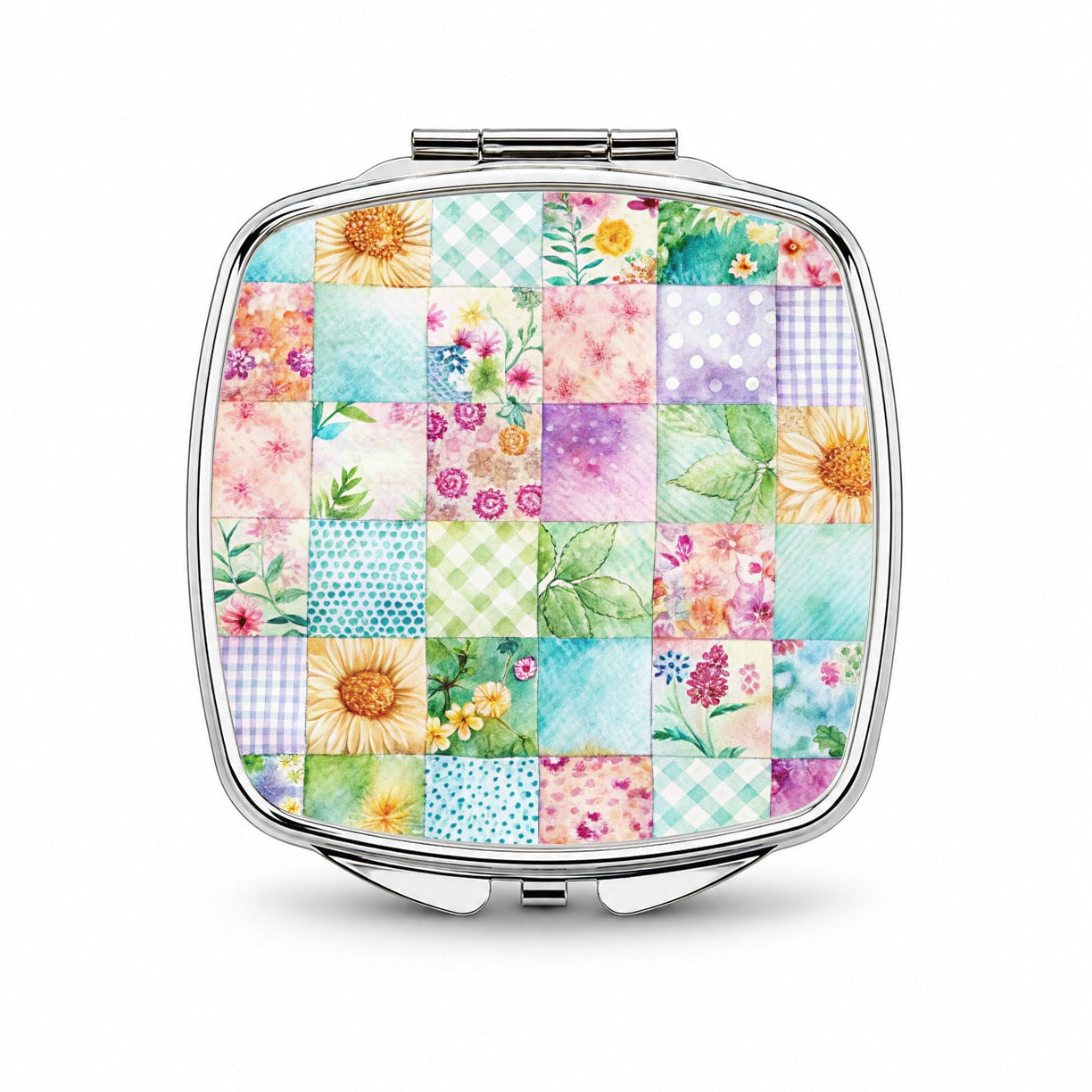 Patchwork Quilt Watercolor Small Travel Purse Handbag Pocket Makeup Compact Mirror