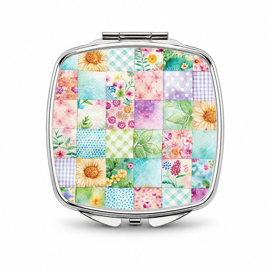 Patchwork Quilt Watercolor Small Travel Purse Handbag Pocket Makeup Compact Mirror