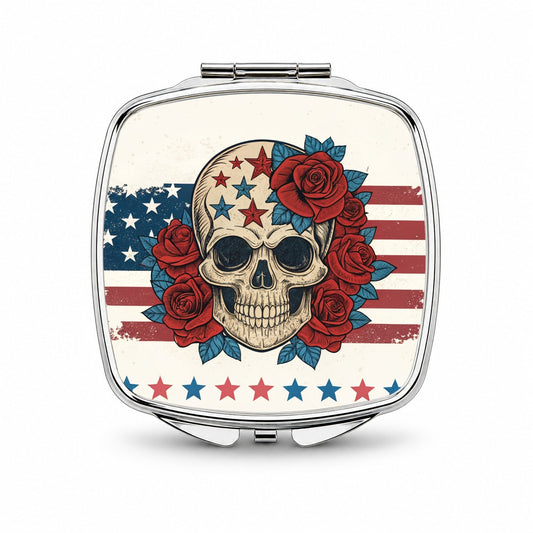 Patriotic Skull American Flag Distressed Small Travel Purse Handbag Pocket Makeup Compact Mirror