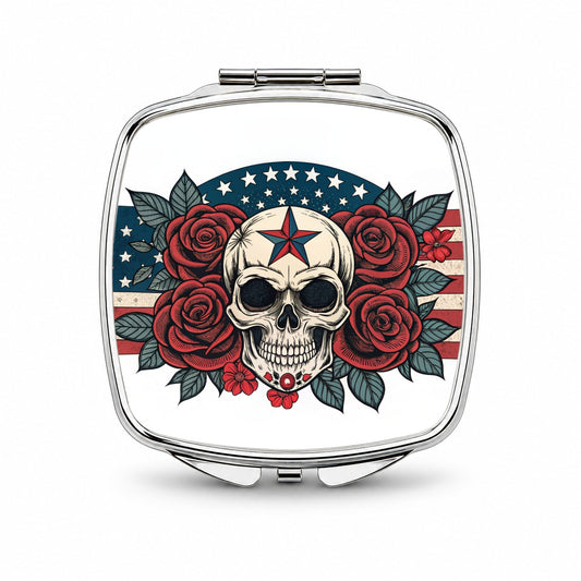 Patriotic Skull USA American Flag Small Travel Purse Handbag Pocket Makeup Compact Mirror