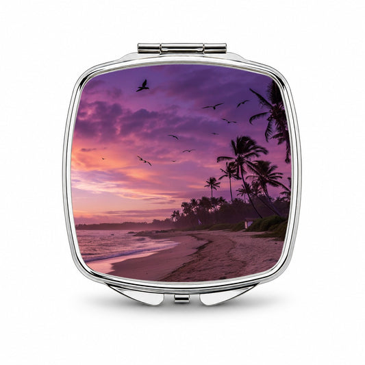 Purple Sunset On Beach Small Travel Purse Handbag Pocket Makeup Compact Mirror