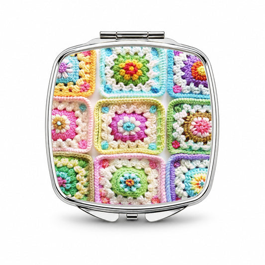Rainbow Crochet Granny Squares Small Travel Purse Handbag Pocket Makeup Compact Mirror