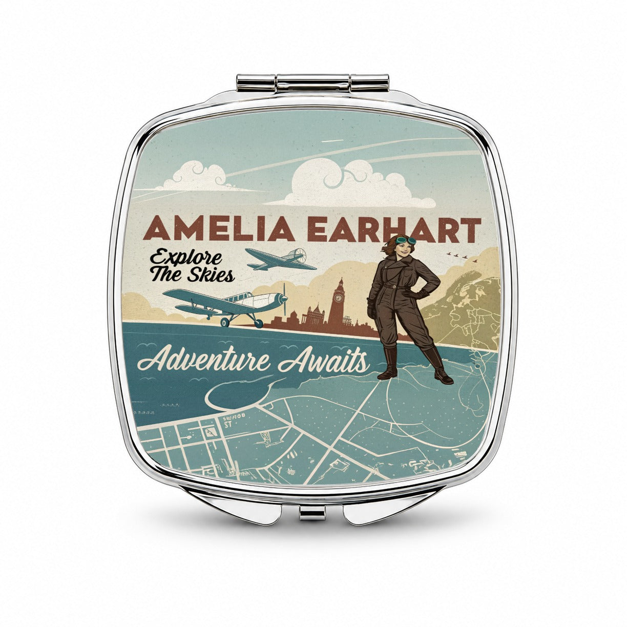 Retro Amelia Earhart Flight Adventure Small Travel Purse Handbag Pocket Makeup Compact Mirror