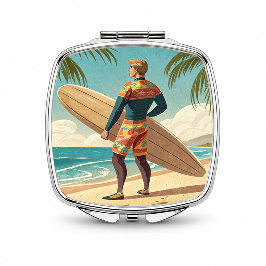 Retro Surfer Beach Scene Small Travel Purse Handbag Pocket Makeup Compact Mirror