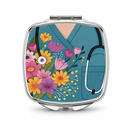 RN LVN Nurse Flowers Small Travel Purse Handbag Pocket Makeup Compact Mirror