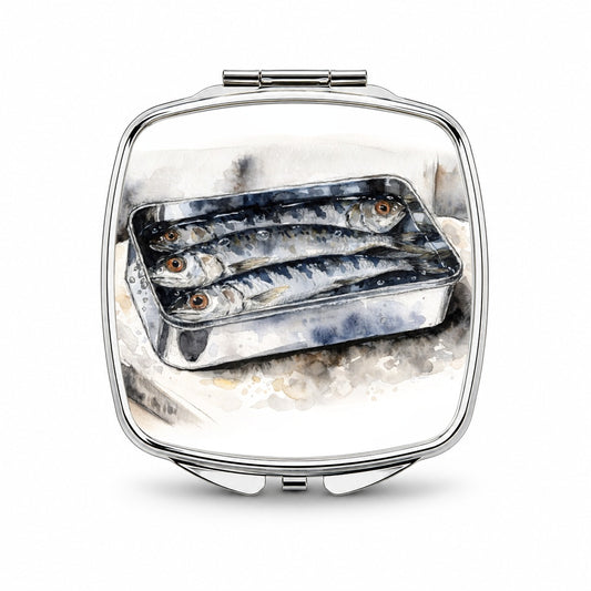Sardines Fish In Tin Watercolor Small Travel Purse Handbag Pocket Makeup Compact Mirror