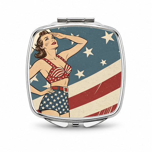 Vintage American Flag Pinup Woman Small Travel Purse Handbag Pocket Makeup Compact Mirror
