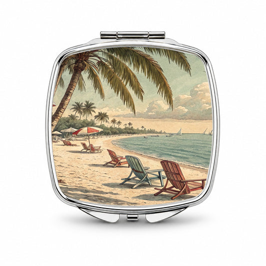 Vintage Beach Scene Holiday Small Travel Purse Handbag Pocket Makeup Compact Mirror