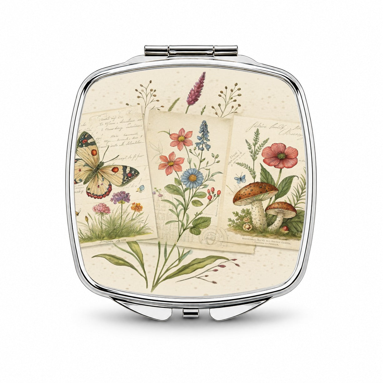Vintage Botanical Illustration Collage Small Travel Purse Handbag Pocket Makeup Compact Mirror
