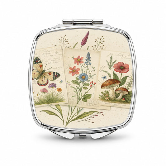 Vintage Botanical Illustration Collage Small Travel Purse Handbag Pocket Makeup Compact Mirror