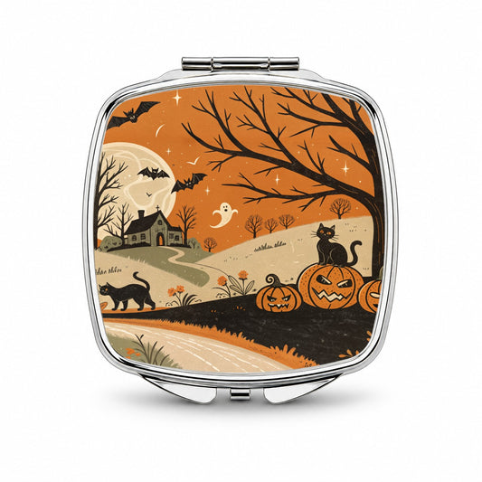 Vintage Halloween Black Cats Small Travel Purse Handbag Pocket Makeup Compact Mirror