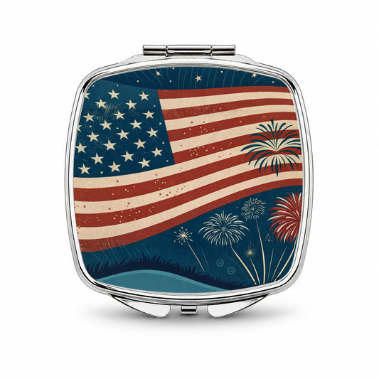 Vintage Patriotic Flag Fireworks Small Travel Purse Handbag Pocket Makeup Compact Mirror