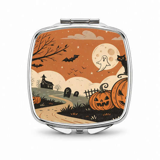 Vintage Pumpkin Halloween Scene Small Travel Purse Handbag Pocket Makeup Compact Mirror