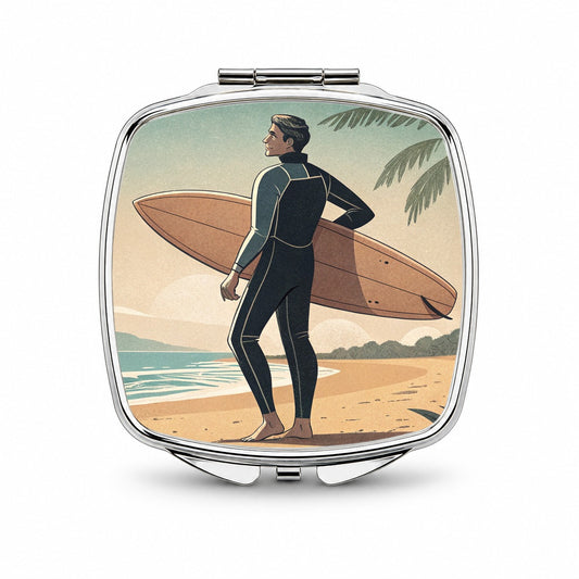 Vintage Surfer Beach Scene Small Travel Purse Handbag Pocket Makeup Compact Mirror